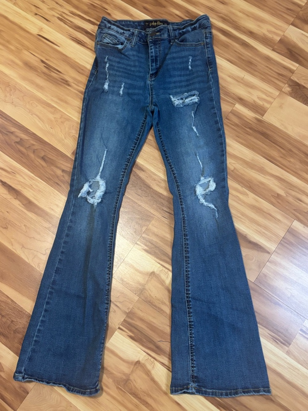 Indigo Rein Distressed Dark Blue Flare Jeans Size 9 Jrs
